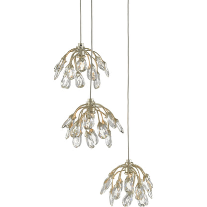 Crystal Bud Pendant by Currey and Company in painted silver, contemporary silver leaf. Made from crystal, wrought iron in a transitional style.