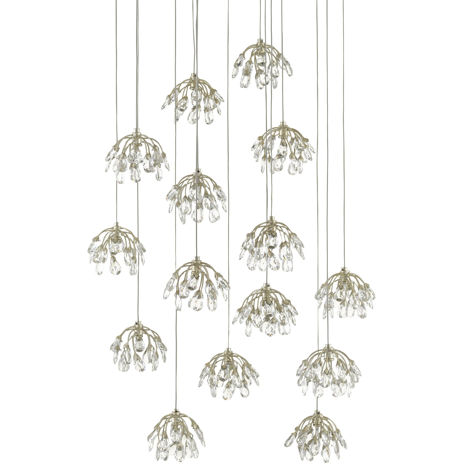 Crystal Bud Pendant by Currey and Company in painted silver, contemporary silver leaf. Made from crystal, wrought iron in a transitional style.