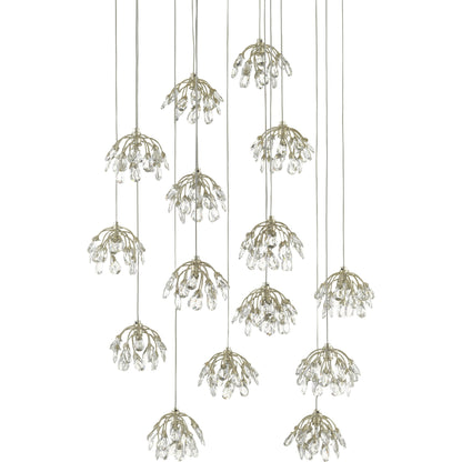 Crystal Bud Pendant by Currey and Company in painted silver, contemporary silver leaf. Made from crystal, wrought iron in a transitional style.