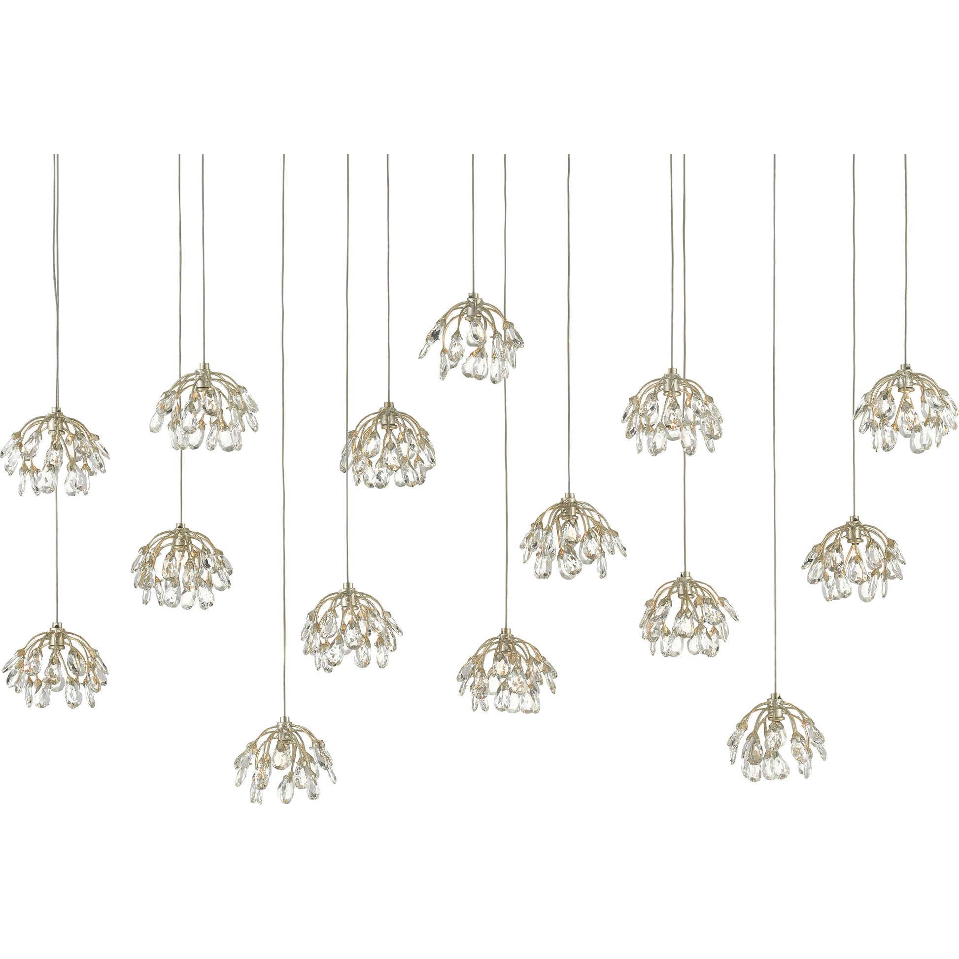 Crystal Bud Linear Pendant by Currey and Company in painted silver, contemporary silver leaf. Made from crystal, wrought iron in a transitional style.