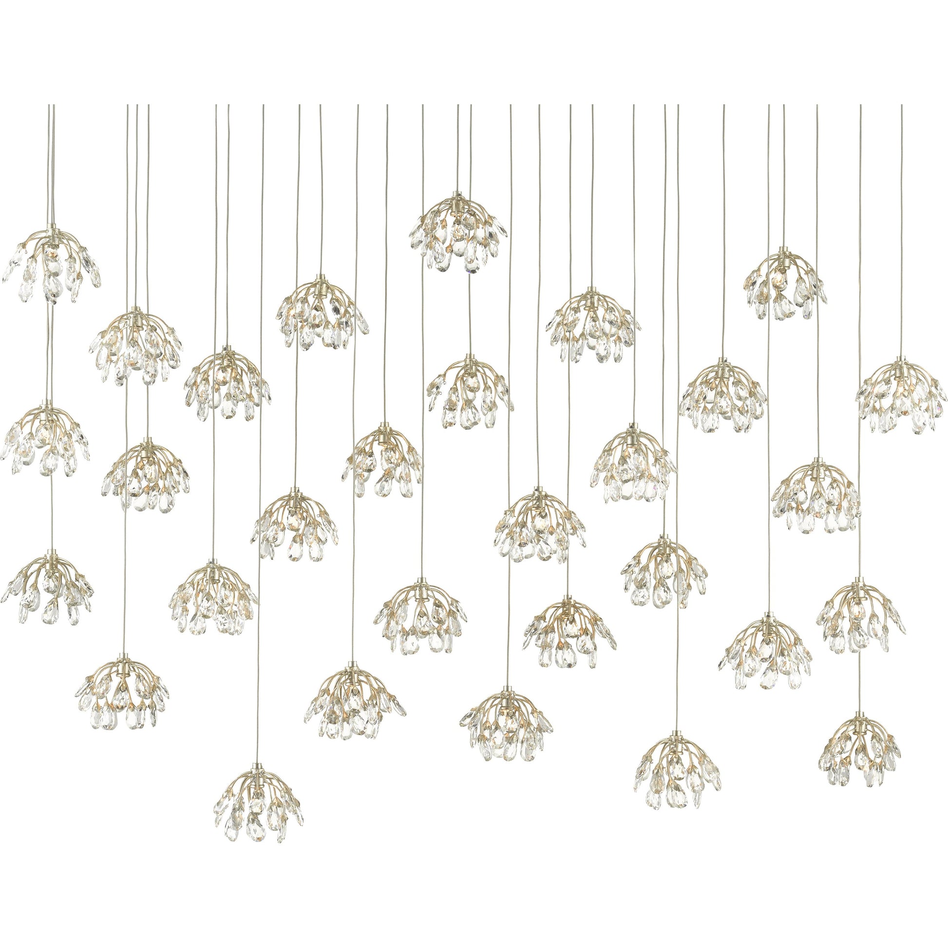 Crystal Bud Linear Pendant by Currey and Company in painted silver, contemporary silver leaf. Made from crystal, wrought iron in a transitional style.