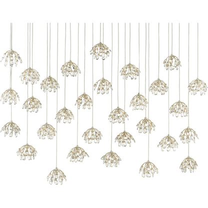 Crystal Bud Linear Pendant by Currey and Company in painted silver, contemporary silver leaf. Made from crystal, wrought iron in a transitional style.