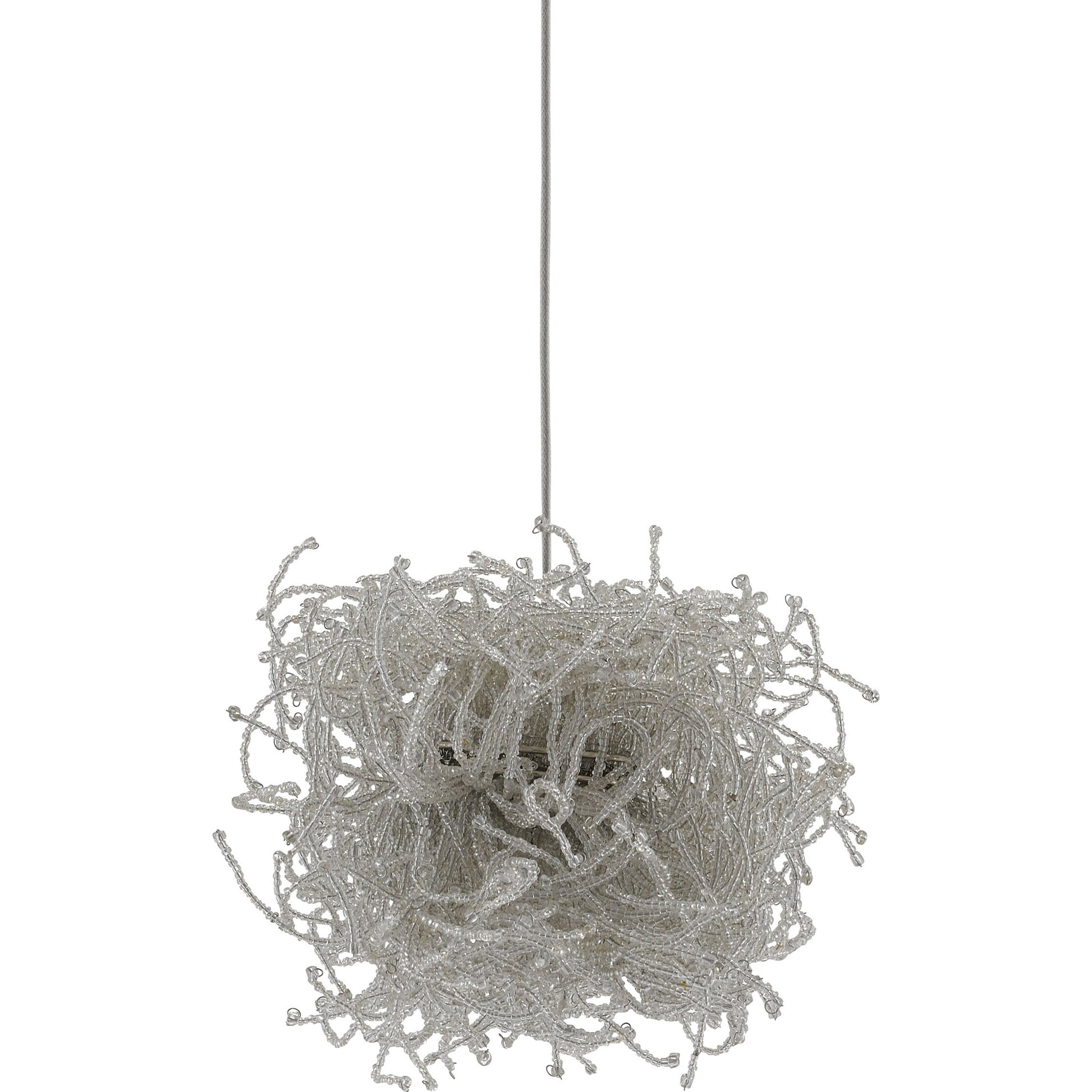 Birds Nest Pendant by Currey and Company in painted silver, clear. Made from metal, glass bead in a modern style.