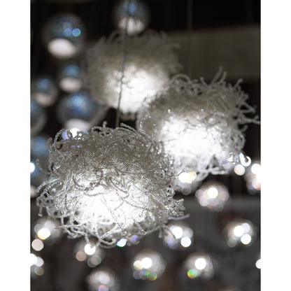 Birds Nest Pendant by Currey and Company in painted silver, clear. Made from metal, glass bead in a modern style.