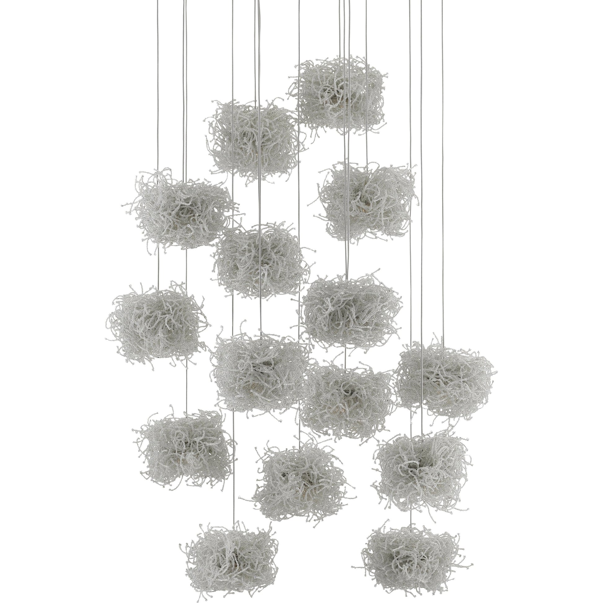 Birds Nest Pendant by Currey and Company in painted silver, clear. Made from metal, glass bead in a modern style.