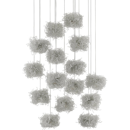 Birds Nest Pendant by Currey and Company in painted silver, clear. Made from metal, glass bead in a modern style.