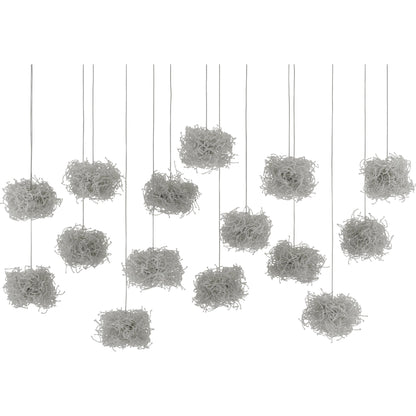 Birds Nest Linear 30-LIGHT Multi-Drop Pendant by Currey and Company in painted silver, clear. Made from metal, glass bead in a modern style.