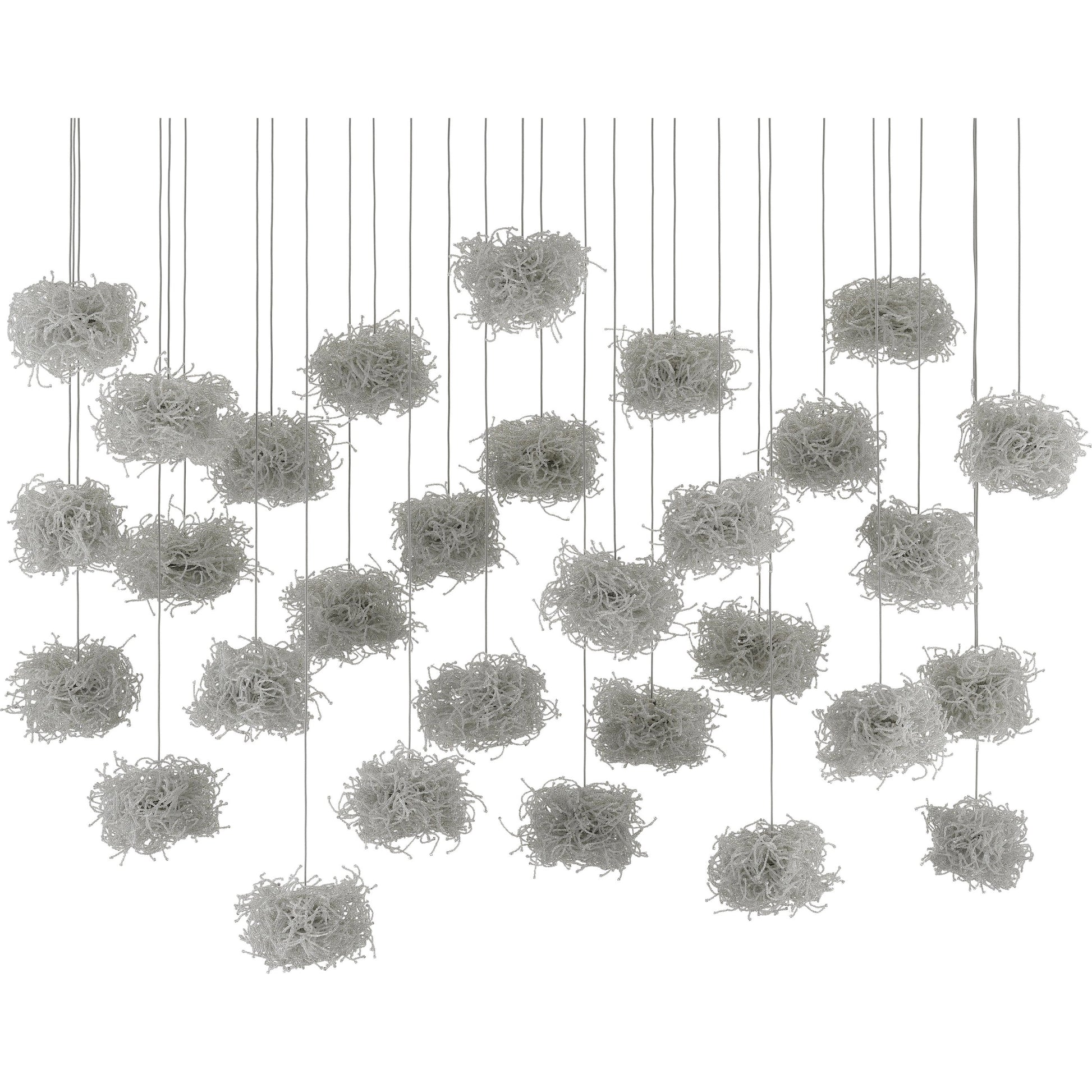 Birds Nest Linear 30-LIGHT Multi-Drop Pendant by Currey and Company in painted silver, clear. Made from metal, glass bead in a modern style.