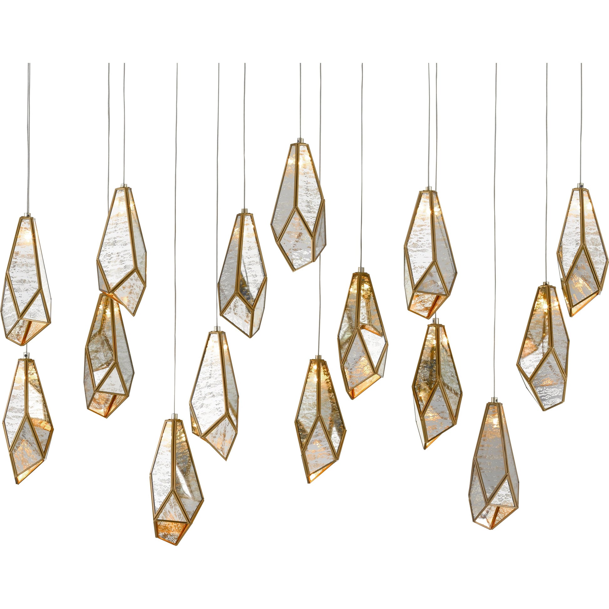 Glace Linear Pendant by Currey and Company in painted silver, antique brass. Made from brass in a modern style.