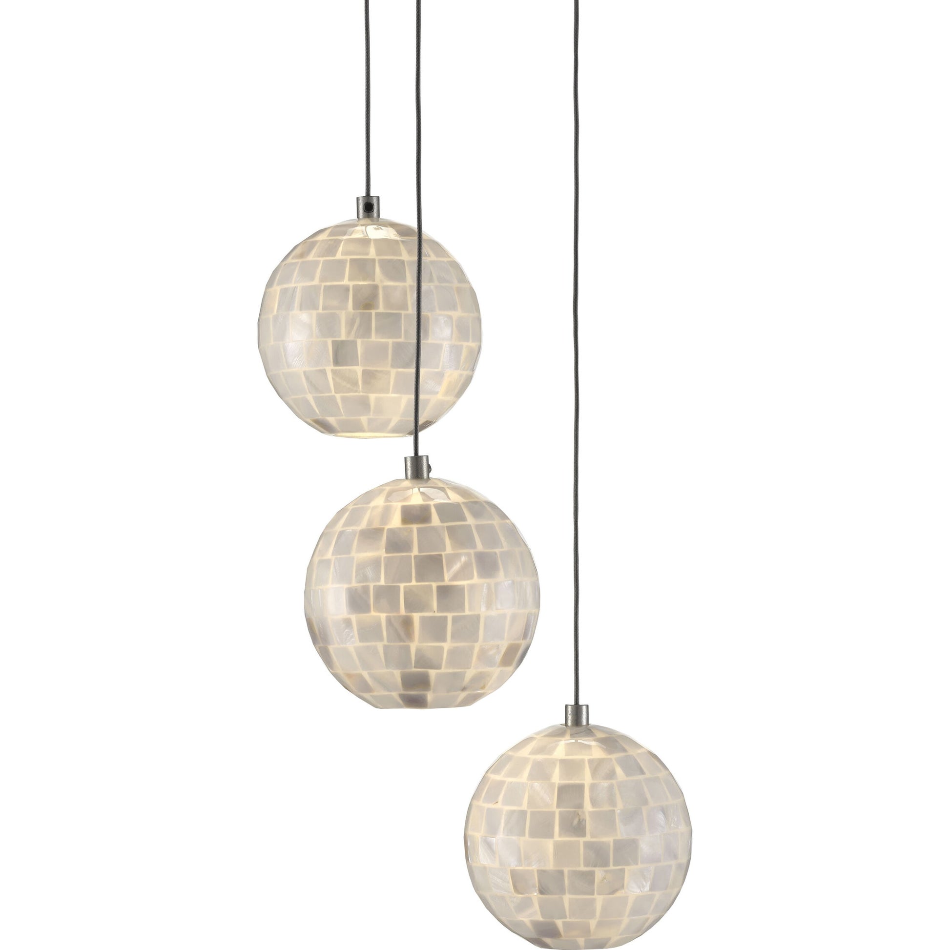 Finhorn 3-Light Round Multi-Drop Pendant by Currey and Company in painted silver, pearl. Made from metal, mother of pearl in a modern style.