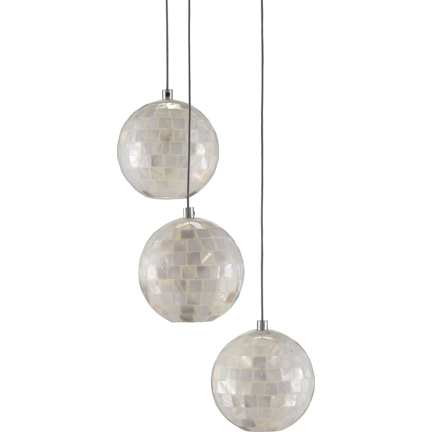 002 SR-890114 | Additional Silo | Finhorn 3-Light Round Multi-Drop Pendant by Currey and Company in painted silver, pearl. Made from metal, mother of pearl in a modern style.