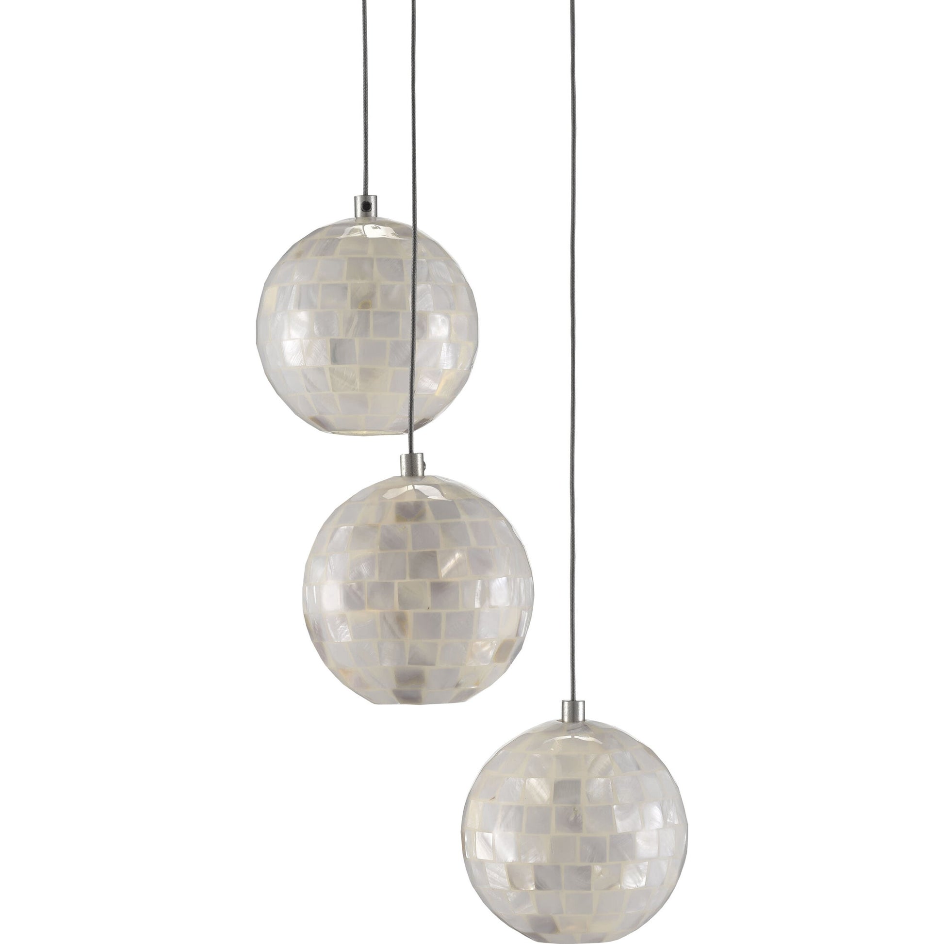 Finhorn 3-Light Round Multi-Drop Pendant by Currey and Company in painted silver, pearl. Made from metal, mother of pearl in a modern style.