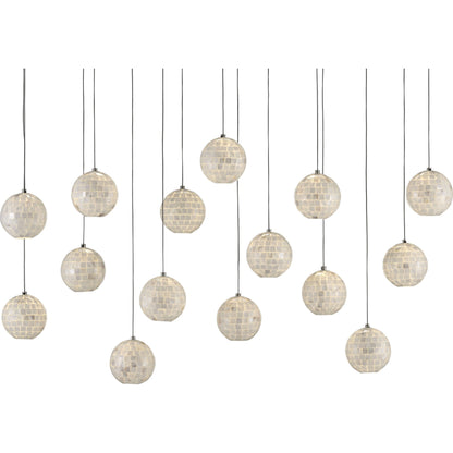 Finhorn Linear Pendant by Currey and Company in painted silver, pearl. Made from metal, mother of pearl in a modern style.
