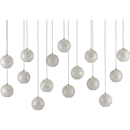 Finhorn Linear Pendant by Currey and Company in painted silver, pearl. Made from metal, mother of pearl in a modern style.