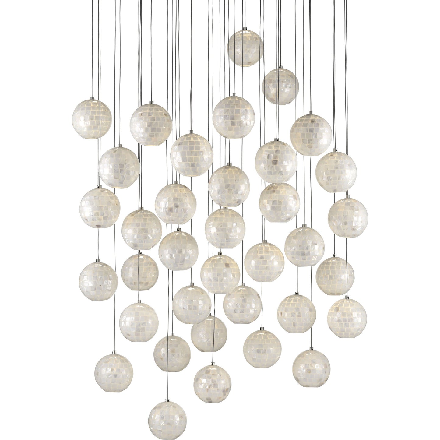 002 SR-890116 | Additional Silo | Finhorn 36-Light Round Multi-Drop Pendant by Currey and Company in painted silver, pearl. Made from metal, mother of pearl in a modern style.