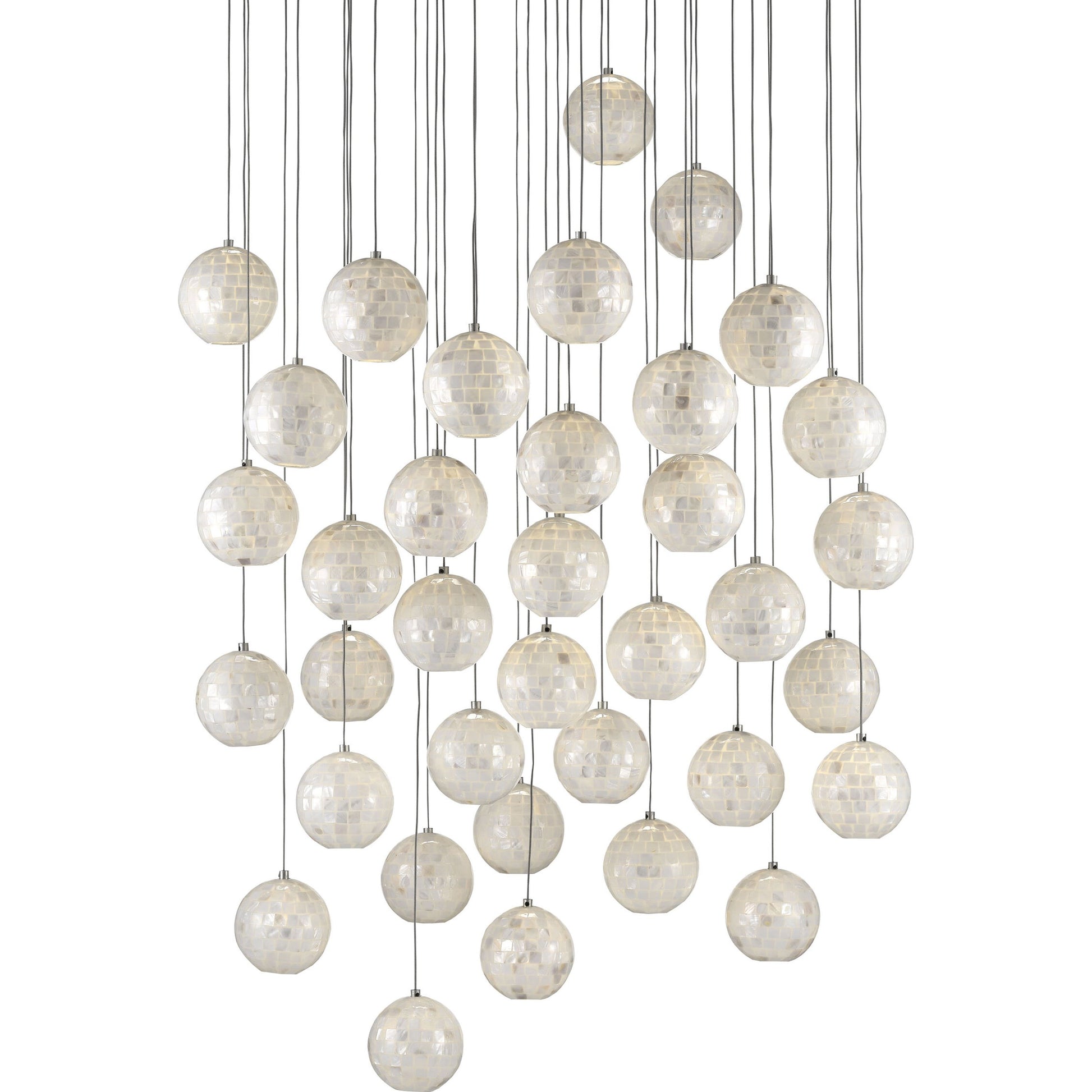Finhorn 36-Light Round Multi-Drop Pendant by Currey and Company in painted silver, pearl. Made from metal, mother of pearl in a modern style.