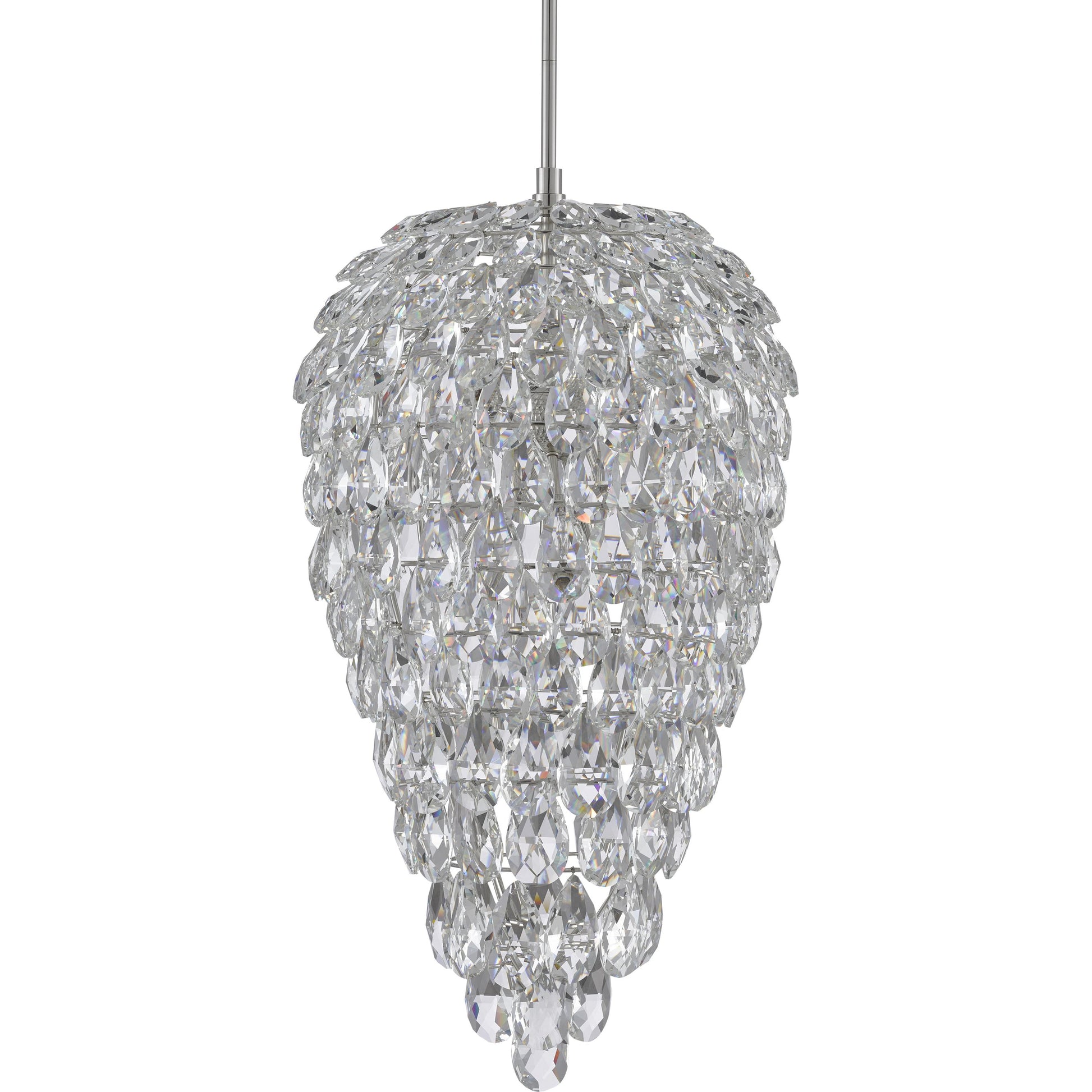 Aisling Pendant by Currey and Company in polished nickel. Made from optical crystal, metal in a transitional style.