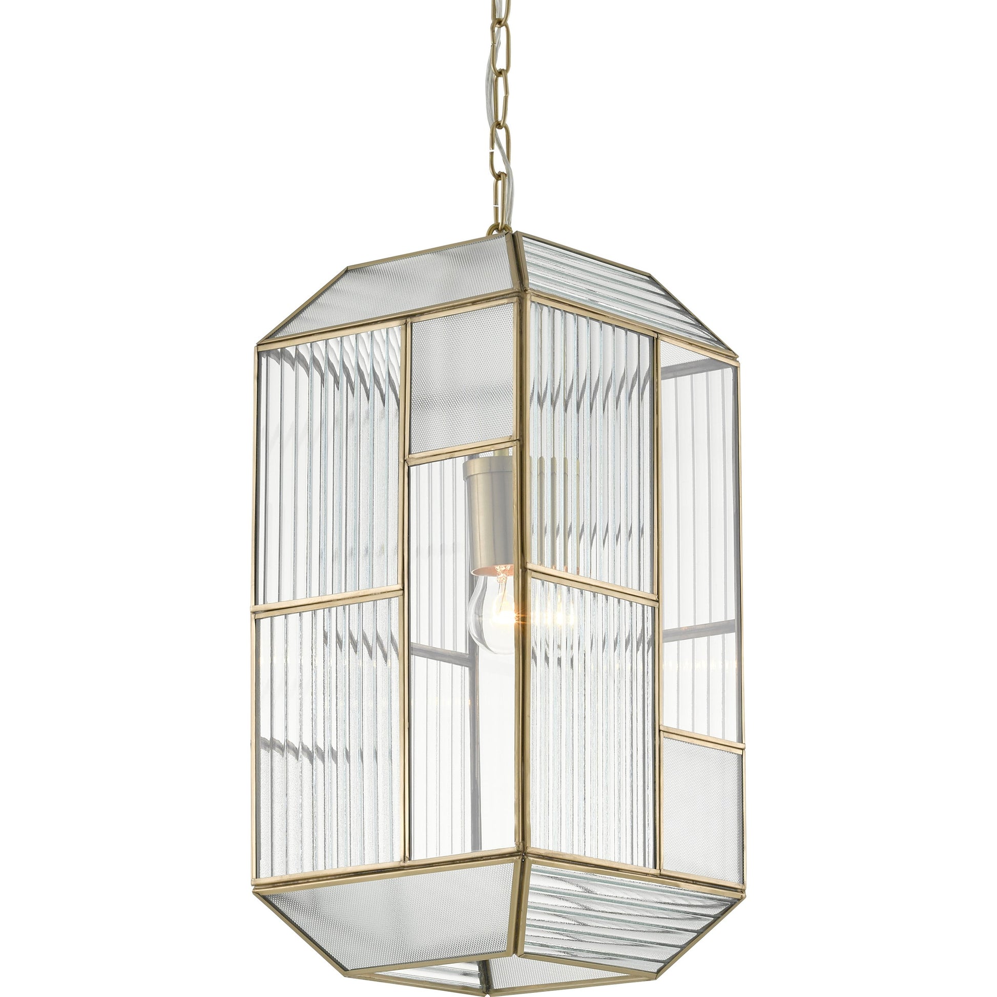 Bardolph Pendant by Currey and Company in antique brass. Made from iron, glass in a transitional style.