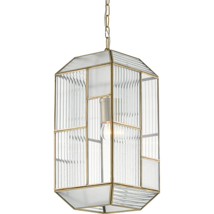 Bardolph Pendant by Currey and Company in antique brass. Made from iron, glass in a transitional style.