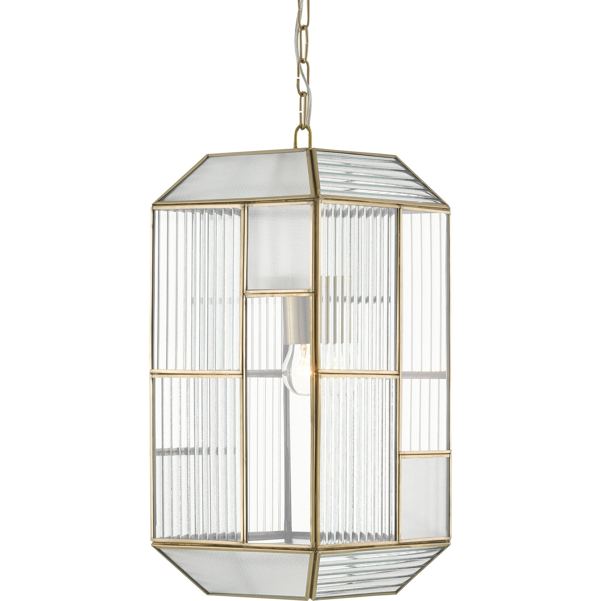 Bardolph Pendant by Currey and Company in antique brass. Made from iron, glass in a transitional style.