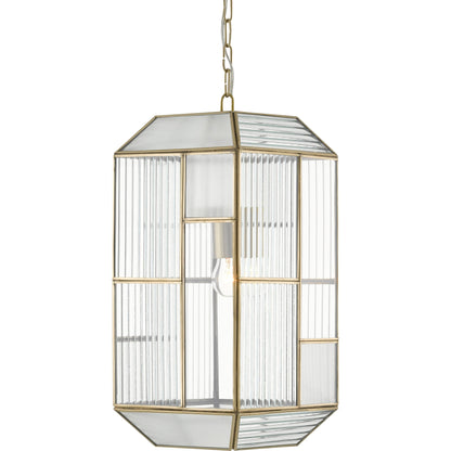Bardolph Pendant by Currey and Company in antique brass. Made from iron, glass in a transitional style.