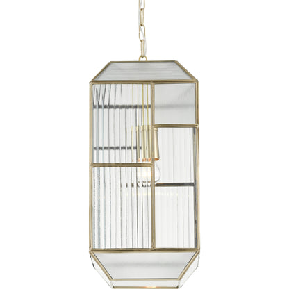Bardolph Pendant by Currey and Company in antique brass. Made from iron, glass in a transitional style.
