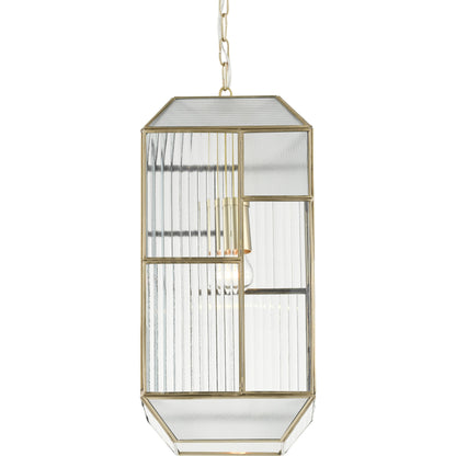 Bardolph Pendant by Currey and Company in antique brass. Made from iron, glass in a transitional style.