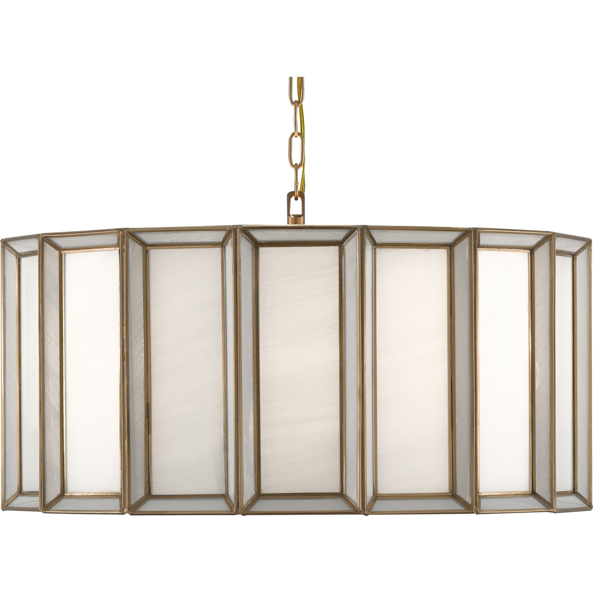 Daze Pendant by Currey and Company in antique brass, white. Made from brass, iron, milk glass in a modern style.