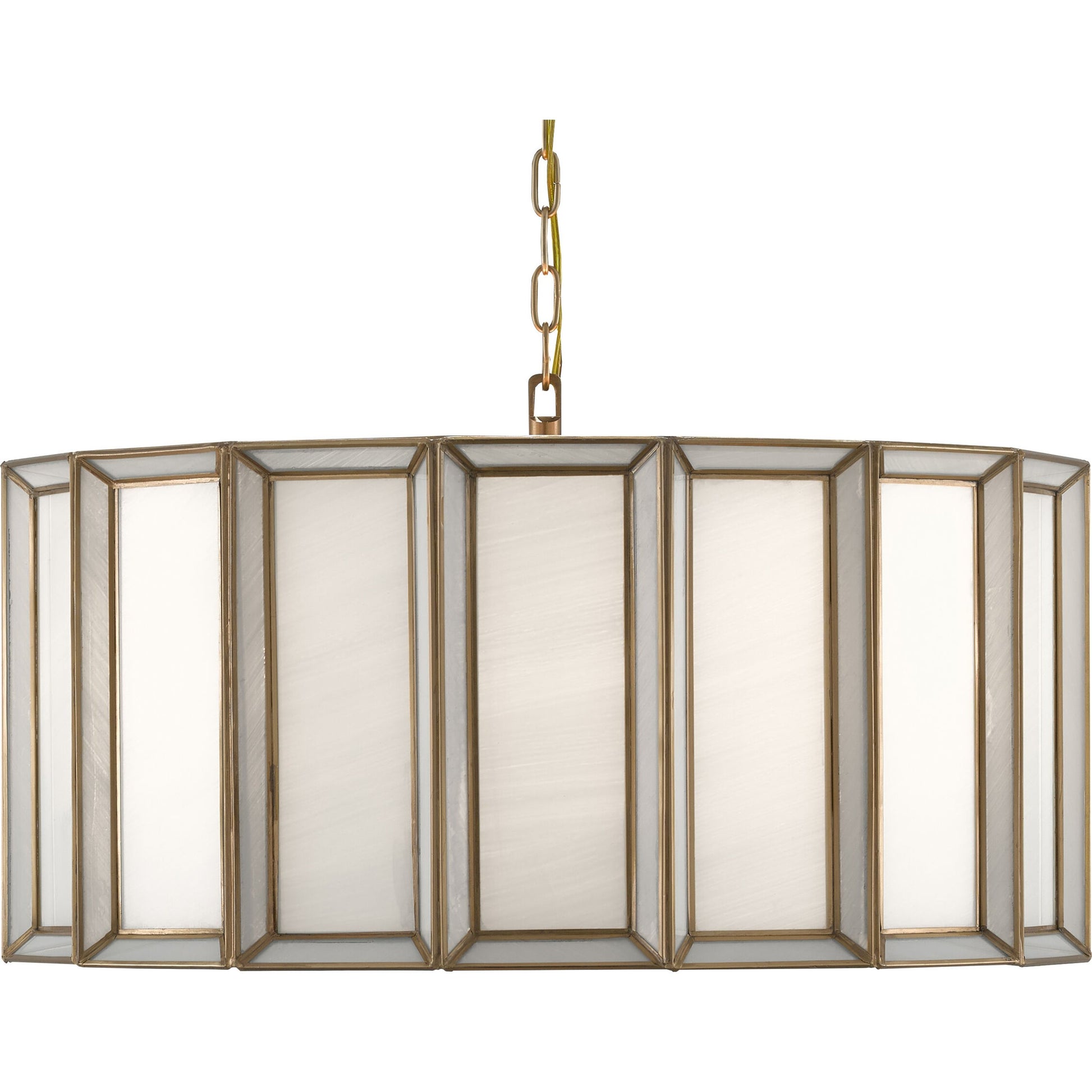 Daze Pendant by Currey and Company in antique brass, white. Made from brass, iron, milk glass in a modern style.