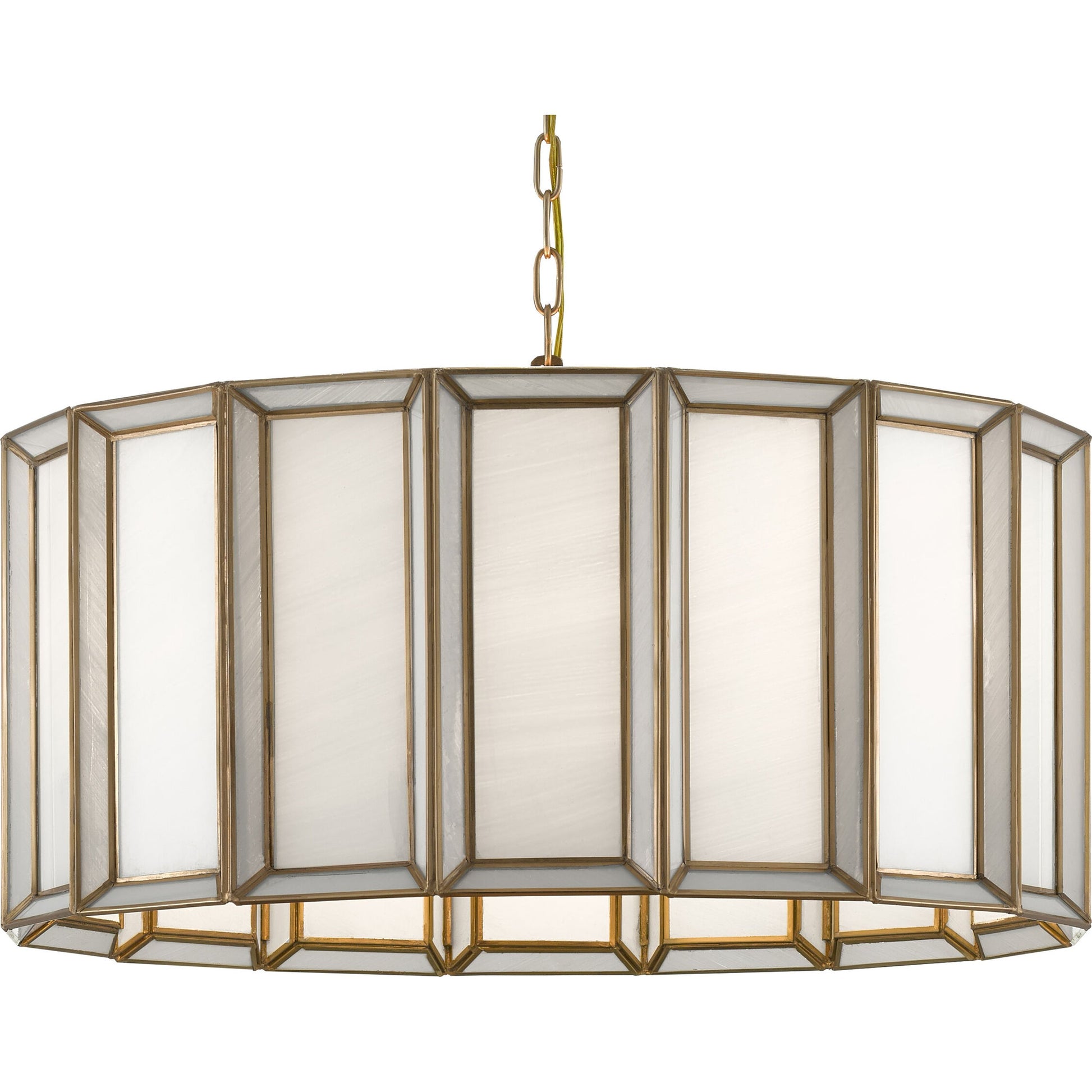 Daze Pendant by Currey and Company in antique brass, white. Made from brass, iron, milk glass in a modern style.