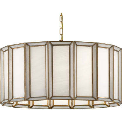 Daze Pendant by Currey and Company in antique brass, white. Made from brass, iron, milk glass in a modern style.