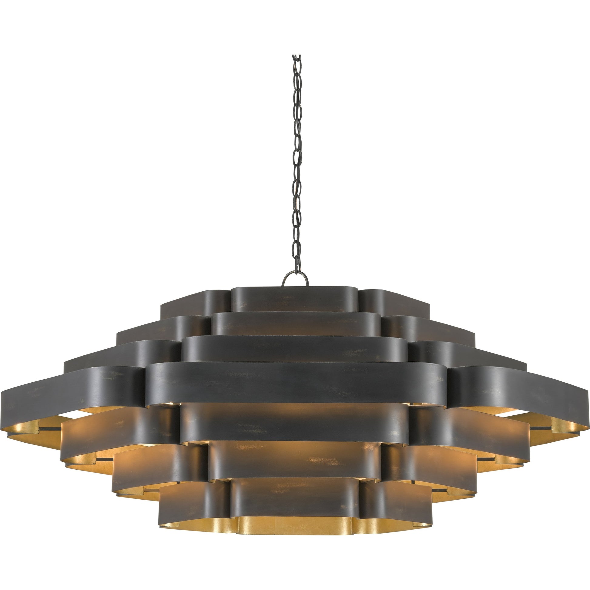 Bailey Chandelier by Currey and Company in french black, contemporary gold leaf. Made from wrought iron in a modern style.