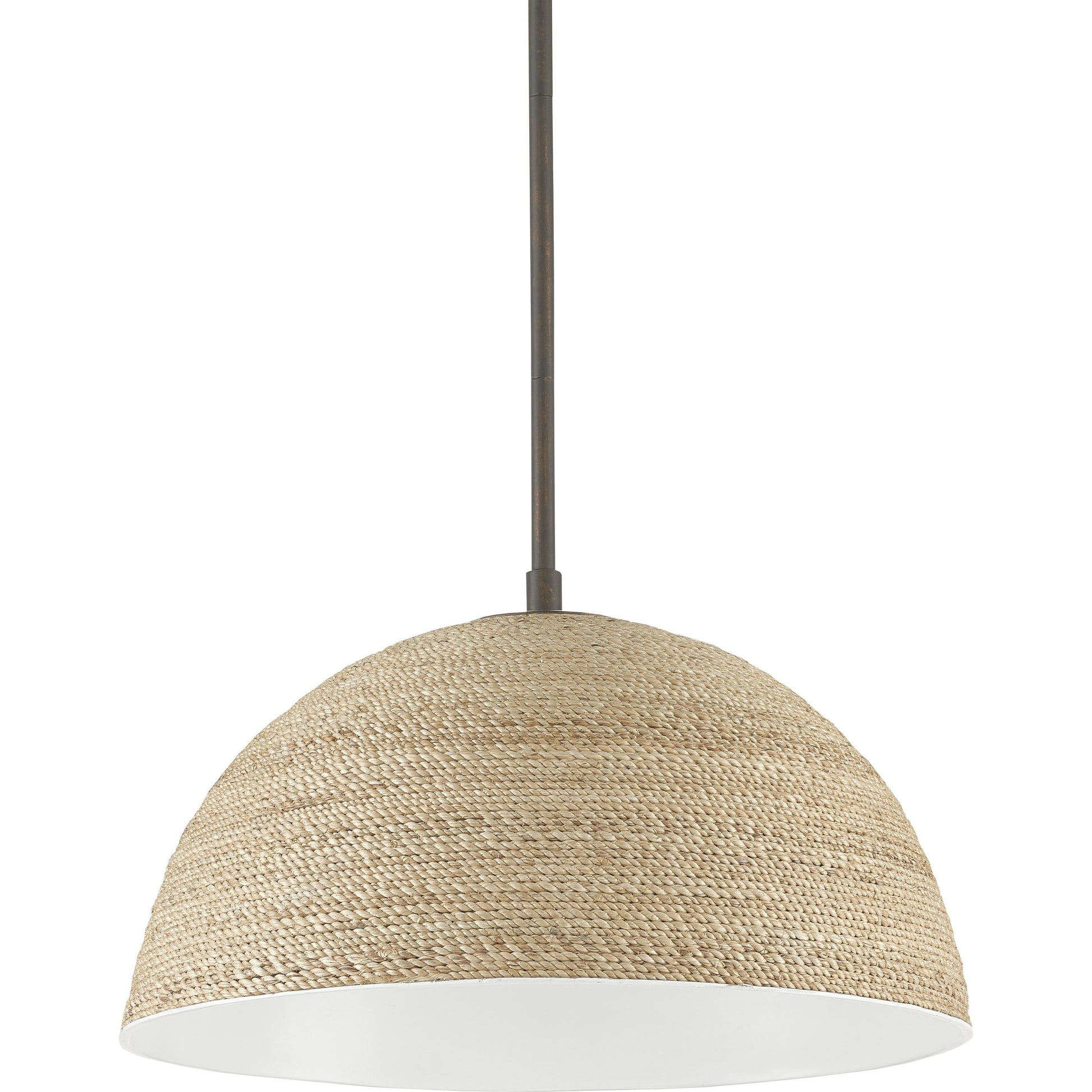Tobago Pendant by Currey and Company in bronze gold, natural abaca rope. Made from wrought iron, abaca rope in a coastal style.
