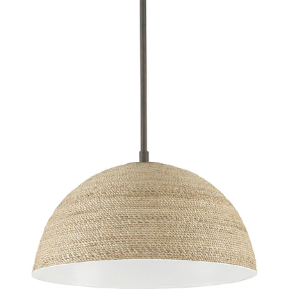 Tobago Pendant by Currey and Company in bronze gold, natural abaca rope. Made from wrought iron, abaca rope in a coastal style.