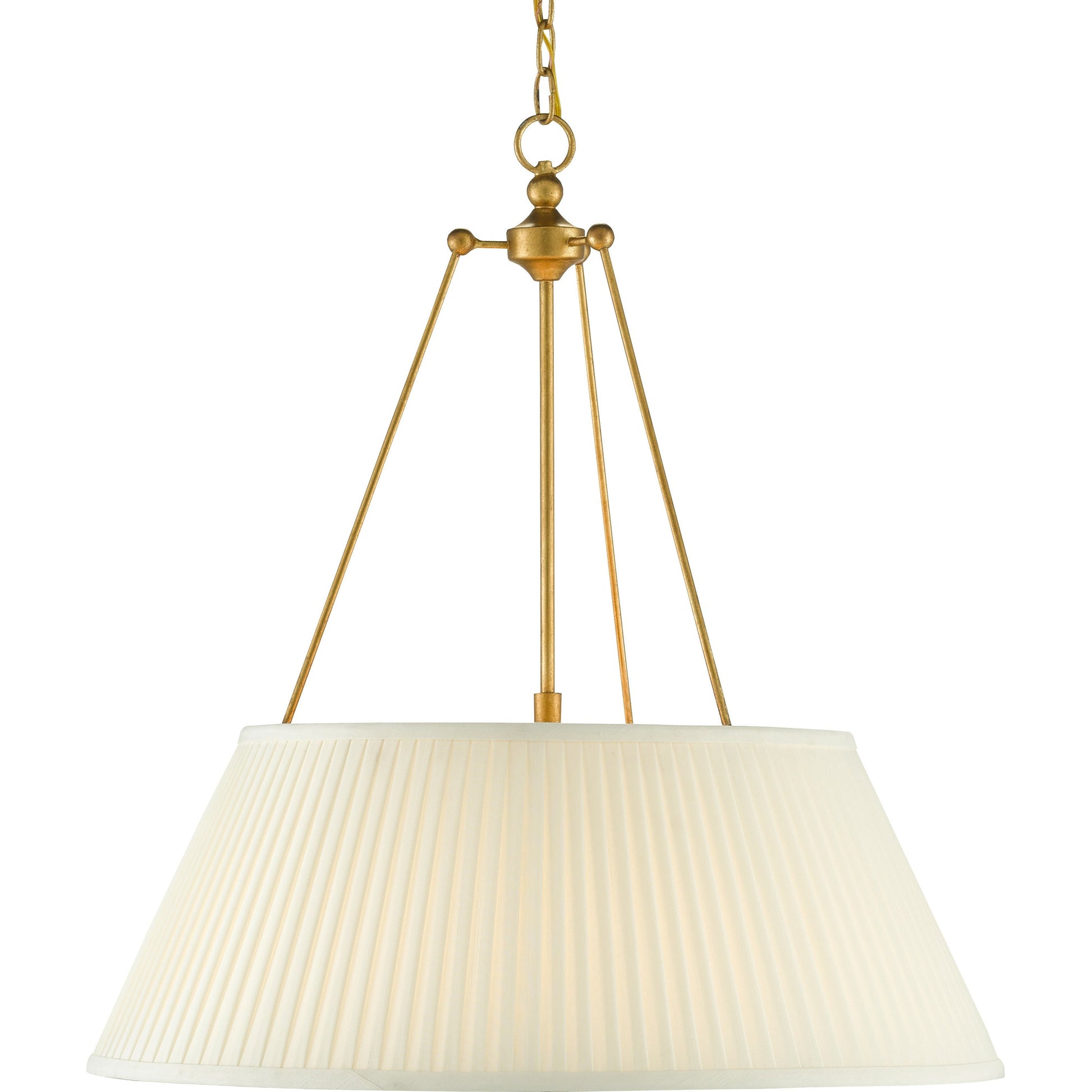 Lytham Pendant by Currey and Company in antique gold leaf, white. Made from wrought iron, fabric in a traditional style.