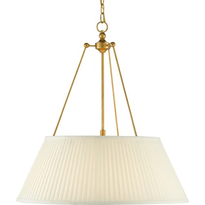 Lytham Pendant by Currey and Company in antique gold leaf, white. Made from wrought iron, fabric in a traditional style.
