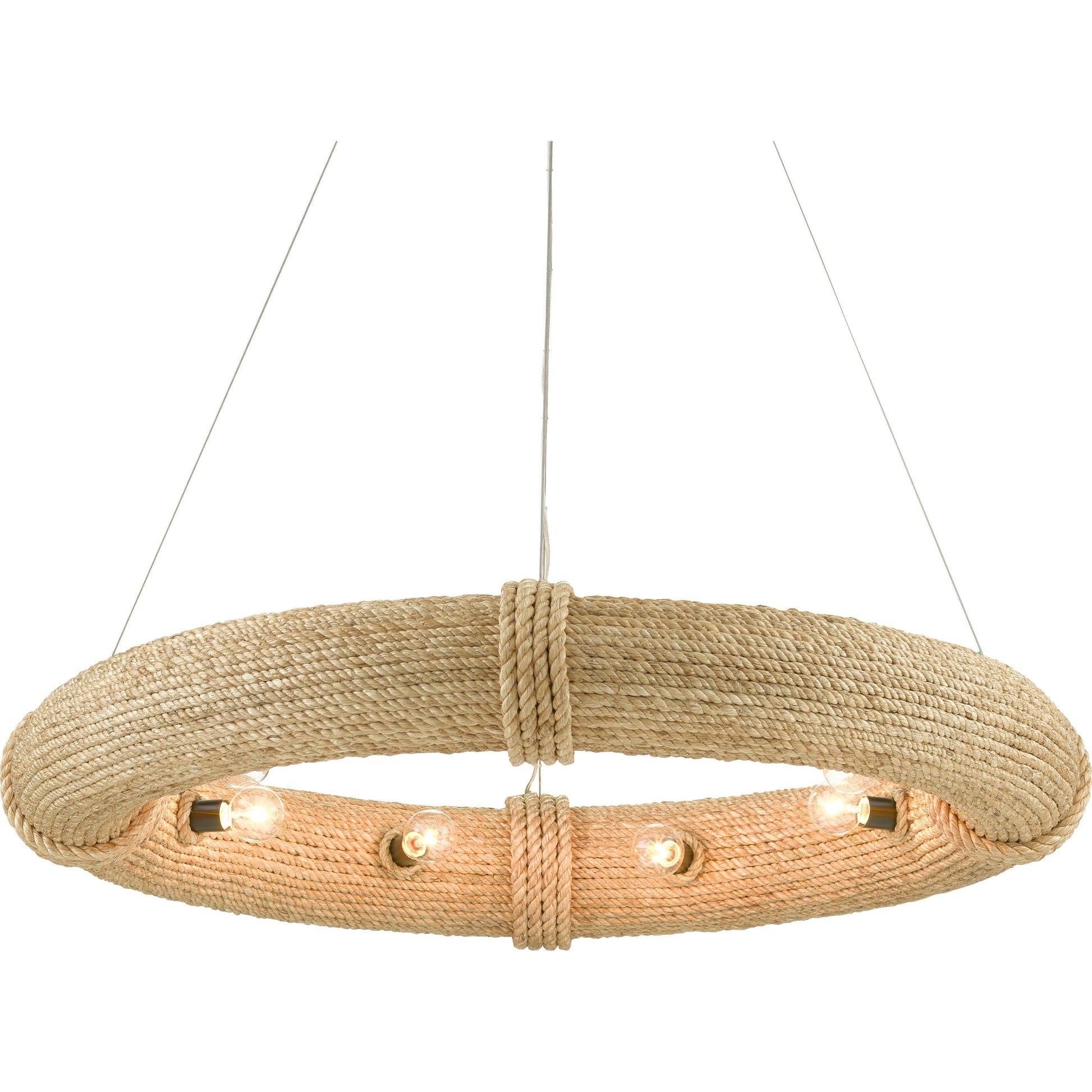 Portmeirion Chandelier by Currey and Company in satin black, abaca rope. Made from wrought iron, abaca rope in a coastal style.