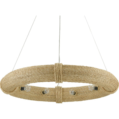 Portmeirion Chandelier by Currey and Company in satin black, abaca rope. Made from wrought iron, abaca rope in a coastal style.