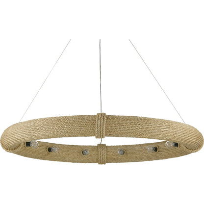 Portmeirion Chandelier by Currey and Company in satin black, abaca rope. Made from wrought iron, abaca rope in a coastal style.