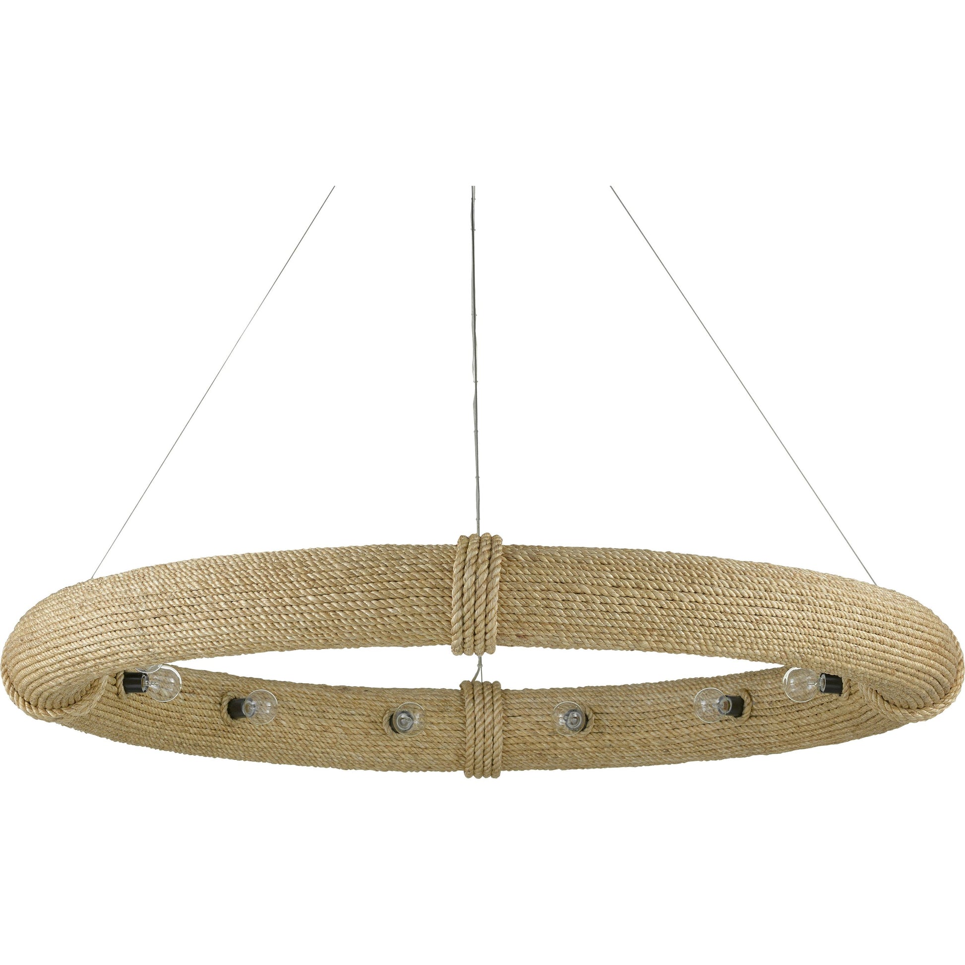 Portmeirion Chandelier by Currey and Company in satin black, abaca rope. Made from wrought iron, abaca rope in a coastal style.