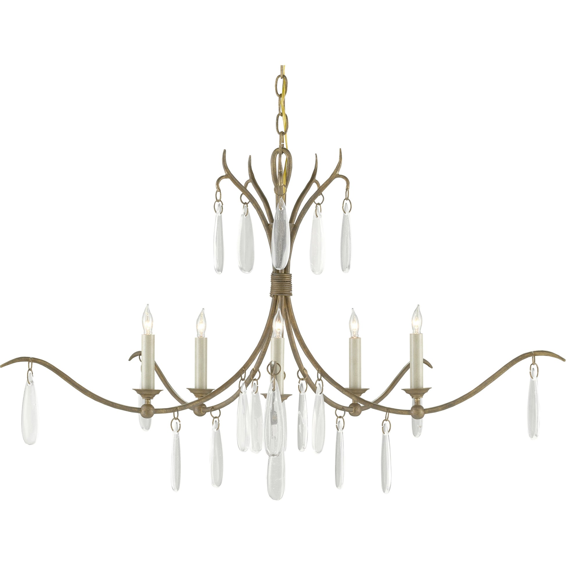 Marshallia Chandelier by Currey and Company in rustic gold, faux rock crystal. Made from wrought iron, glass in a transitional style.