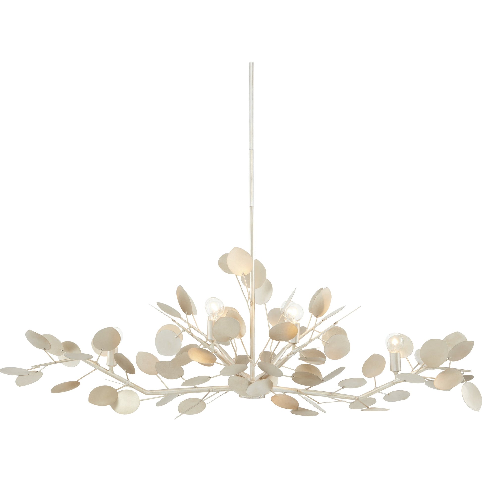 Lunaria Oval Chandelier by Currey and Company in contemporary silver leaf. Made from wrought iron in a transitional style.