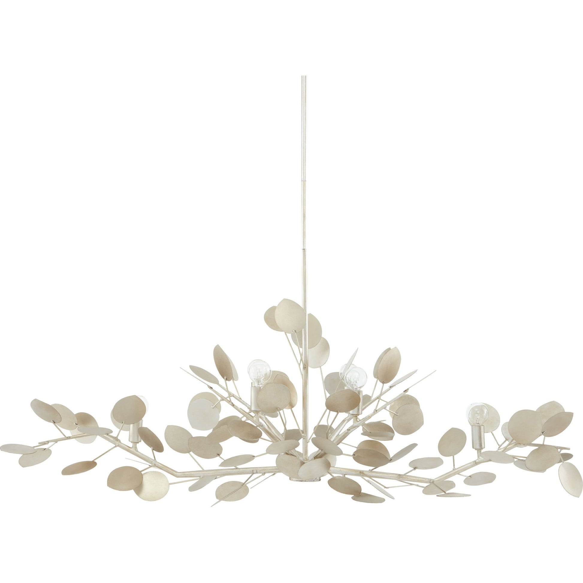 Lunaria Oval Chandelier by Currey and Company in contemporary silver leaf. Made from wrought iron in a transitional style.