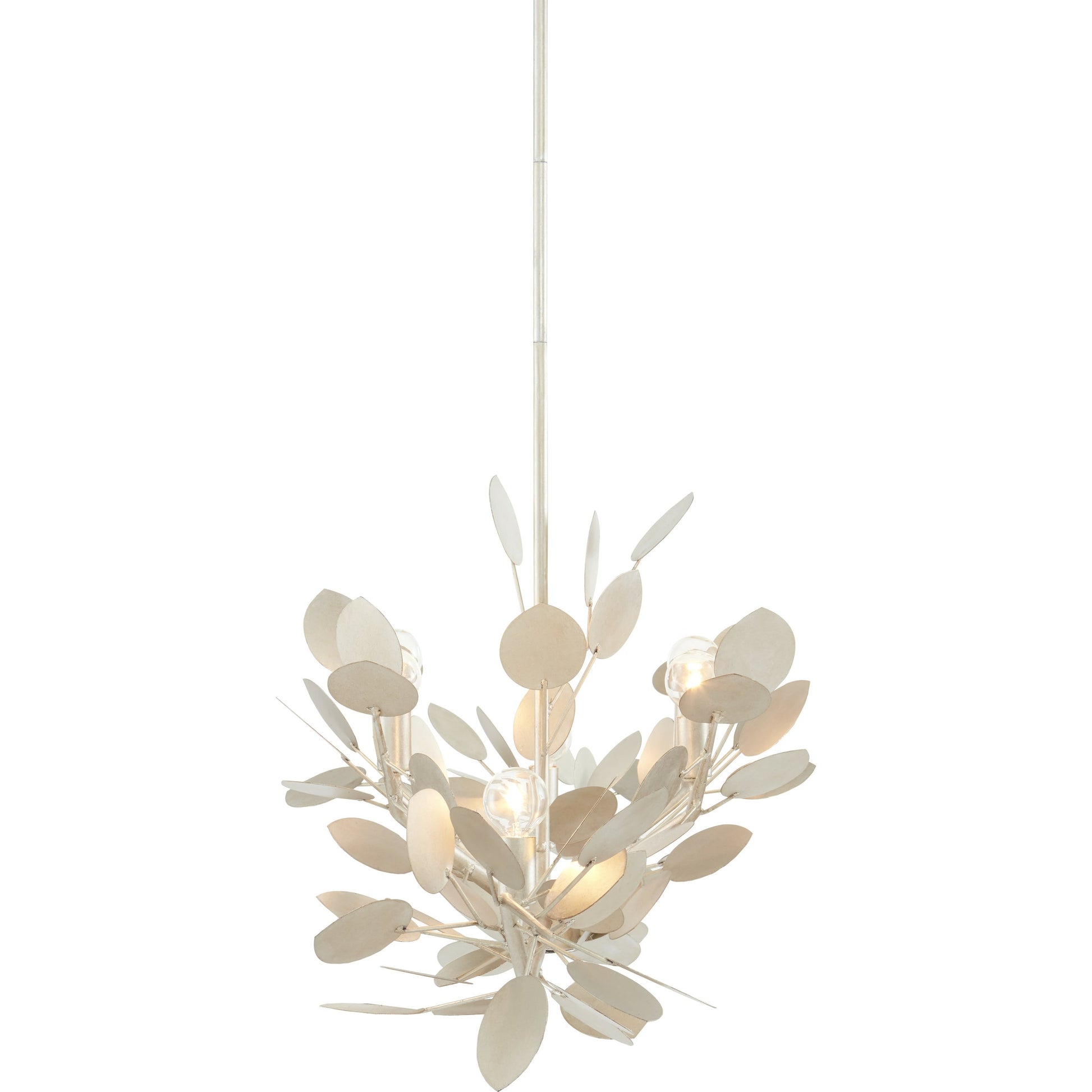 Lunaria Oval Chandelier by Currey and Company in contemporary silver leaf. Made from wrought iron in a transitional style.