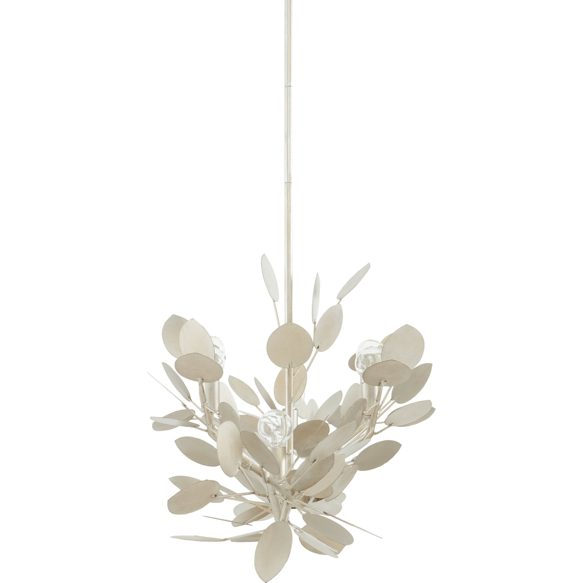 Lunaria Oval Chandelier by Currey and Company in contemporary silver leaf. Made from wrought iron in a transitional style.