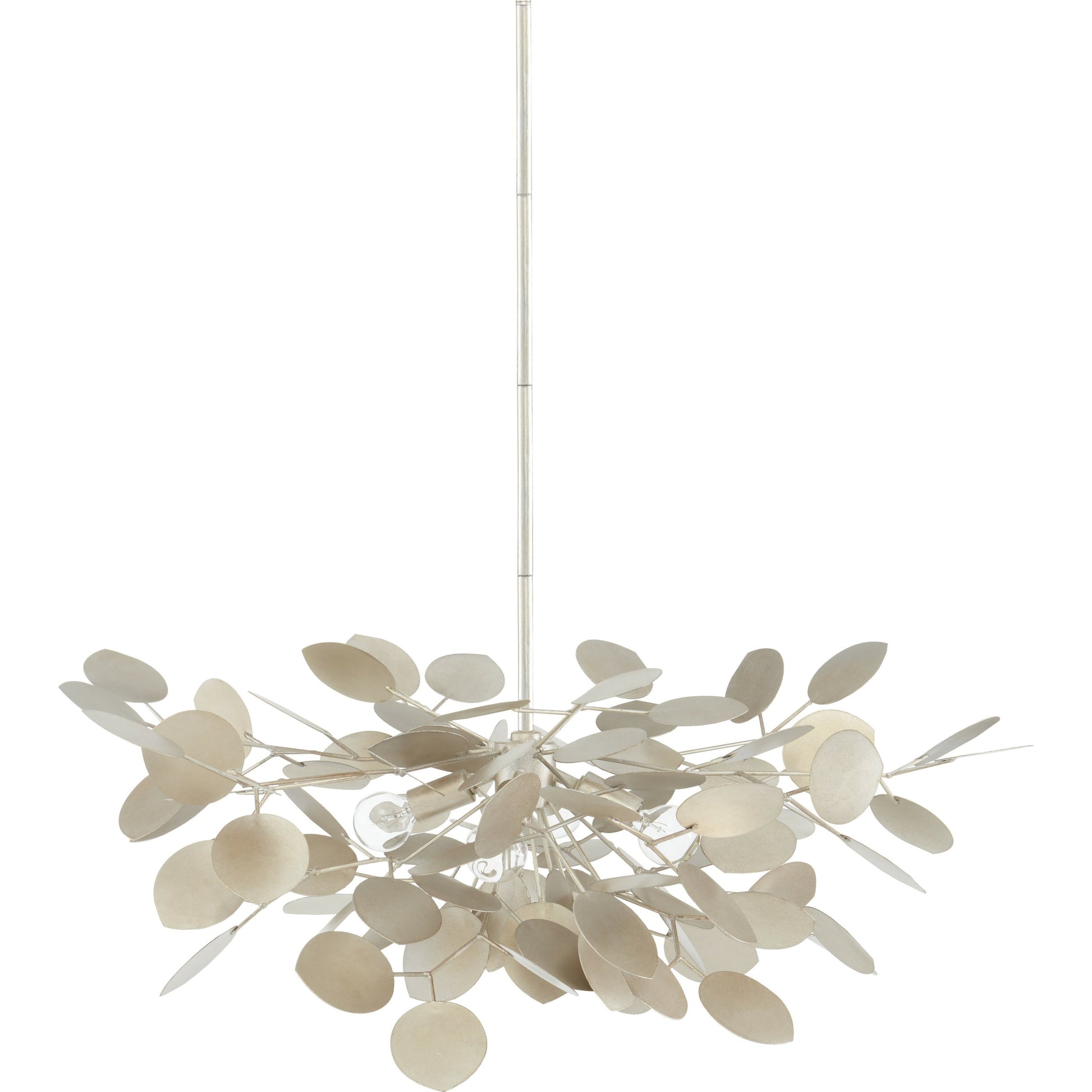 Lunaria Small Chandelier by Currey and Company in contemporary silver leaf. Made from wrought iron in a transitional style.