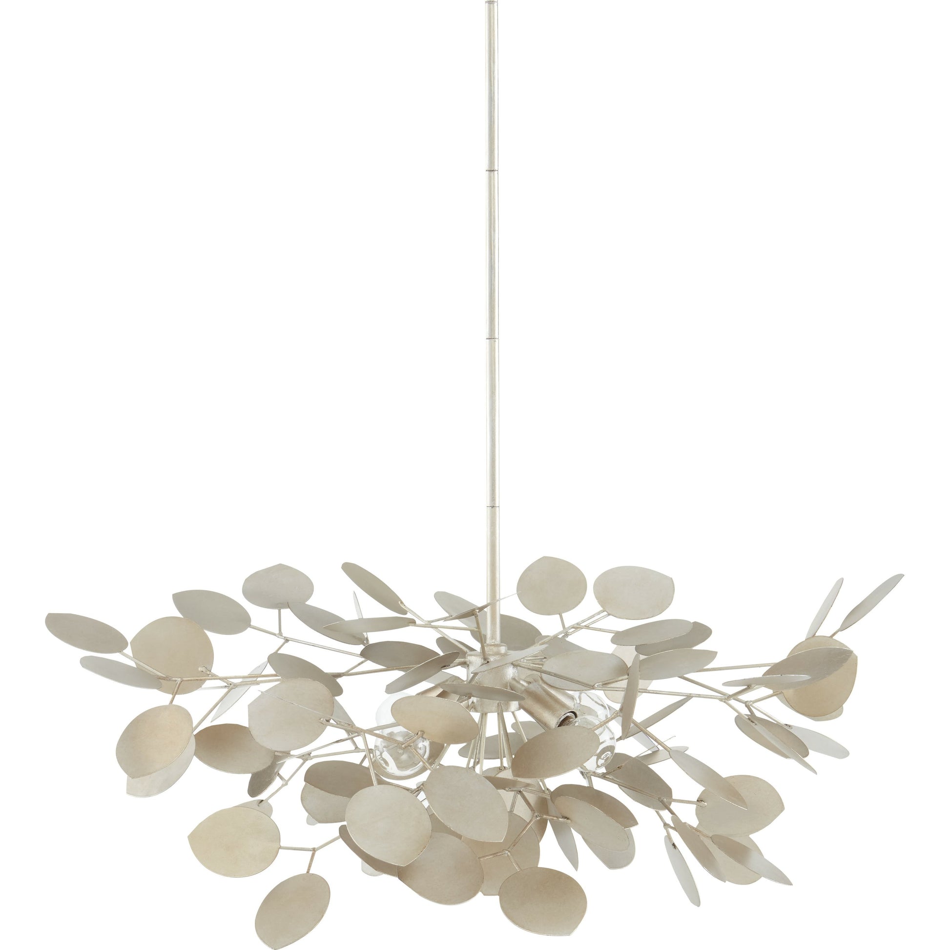 Lunaria Small Chandelier by Currey and Company in contemporary silver leaf. Made from wrought iron in a transitional style.