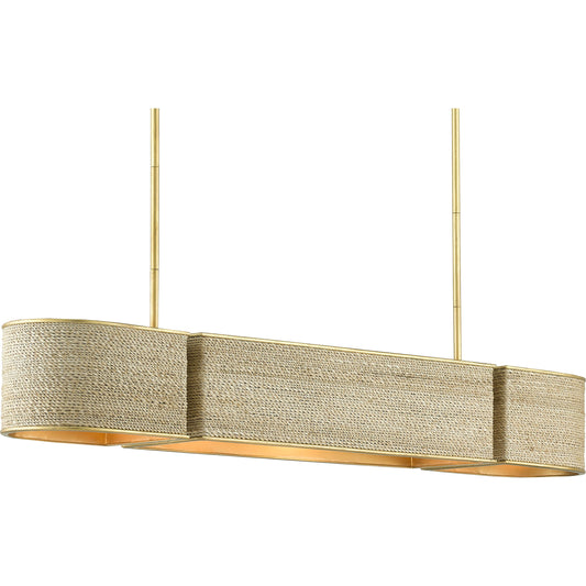 Tenby Oval Chandelier by Currey and Company in contemporary gold leaf, abaca rope. Made from wrought iron, abaca rope in a coastal style.