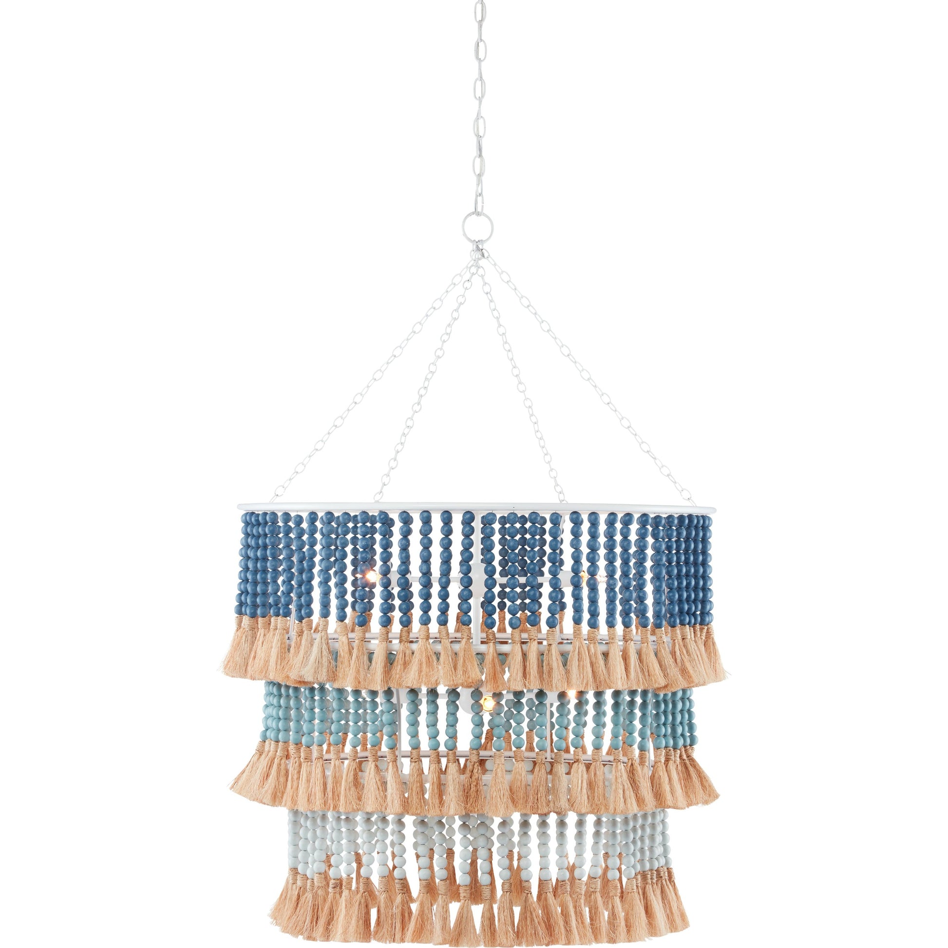 St. Barts Chandelier by Currey and Company in mist blue, demin blue. Made from wrought iron, wood beads, abaca rope in a coastal style.