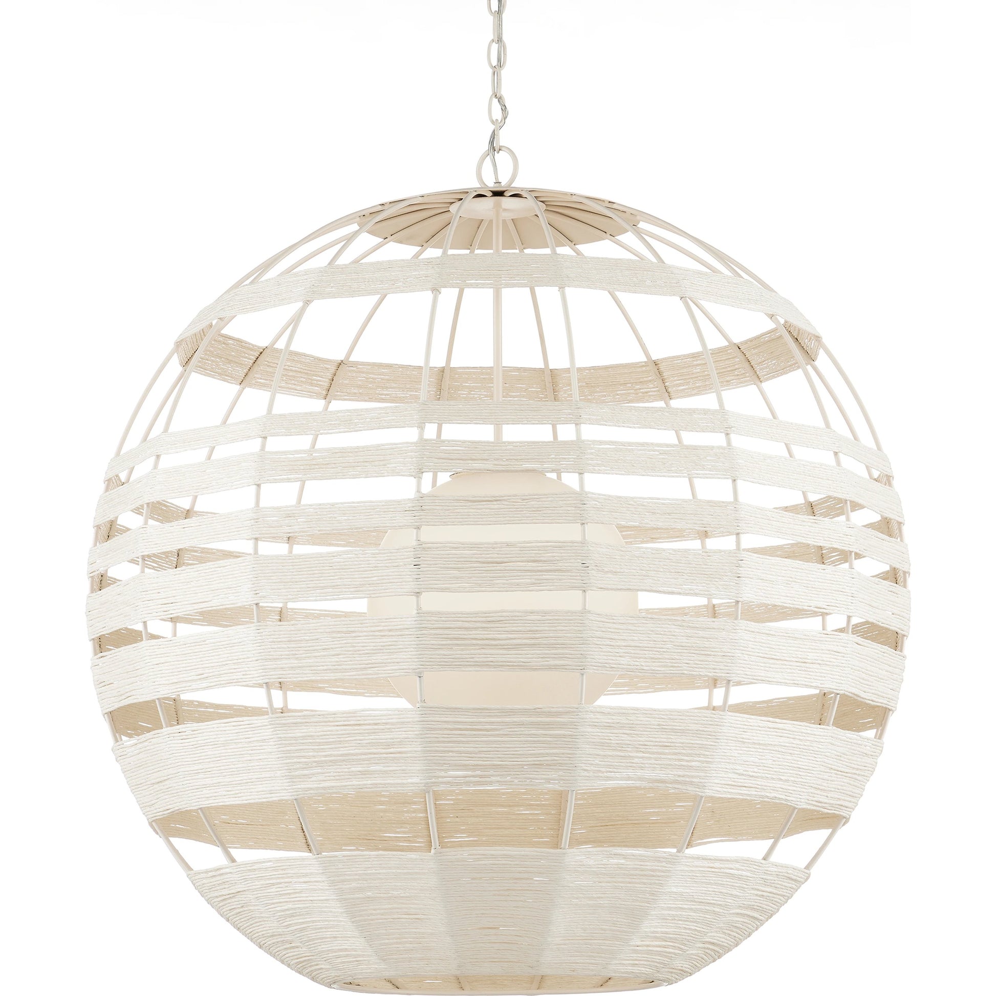 Lapsley Orb Chandelier by Currey and Company in vanilla, white. Made from wrought iron, kraft paper twine, frosted glass in a modern style.